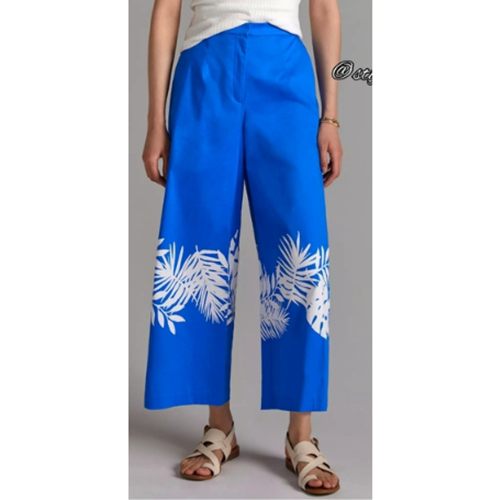 HUTCH Anthropologie Women's Blue Palm Frond Wide-Leg Pants Size 8
